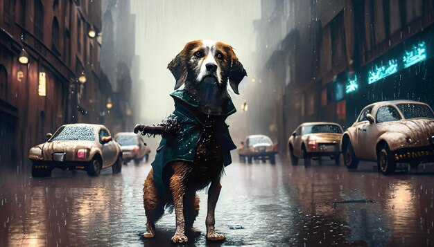 Un chien adulte se mouille sous la pluie.