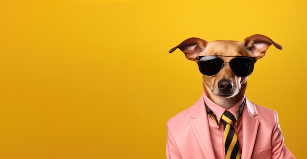 Le chien à l'air cool est vêtu d'une veste à la mode, d'une cravate, d'un maillot de chemise et de lunettes de soleil aux nuances sombres.