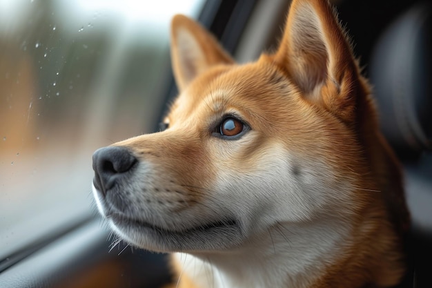 Un chien Akita Inu monte dans une voiture et regarde par la fenêtre