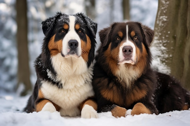 Le chien Akitainu et le bouvier bernois sont assis côte à côte dans un parc d'hiver