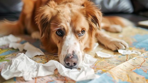 un chien allongé sur une couverture avec une carte dessus