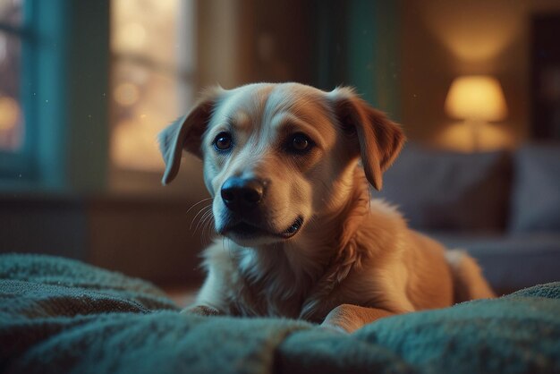 un chien allongé sur une couverture avec un fond noir