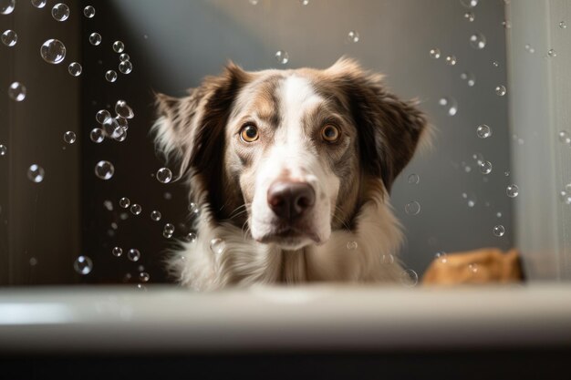 Chien allongé dans une baignoire avec de l'eau et des bulles créées avec un AI génératif