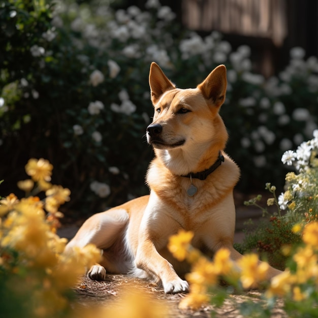 Un chien allongé dans le jardin avec des fleurs jaunes.