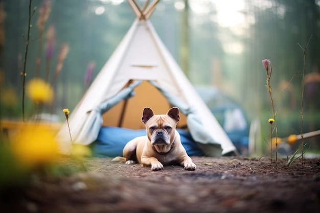 Un chien allongé à l'extérieur d'une tente dans une clairière forestière