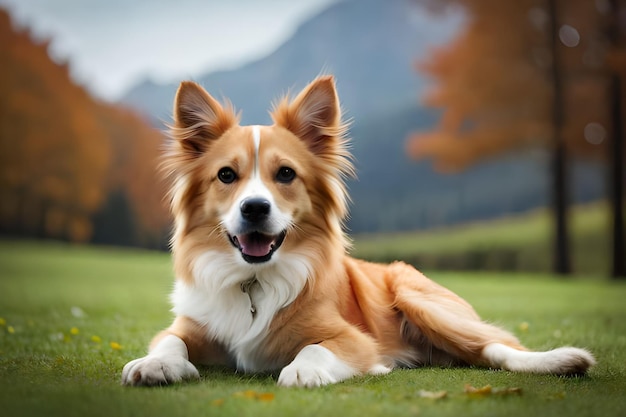 Un chien allongé sur l'herbe devant une montagne