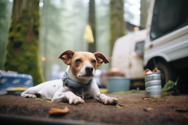 Un chien allongé sur les marches d'un camping en forêt