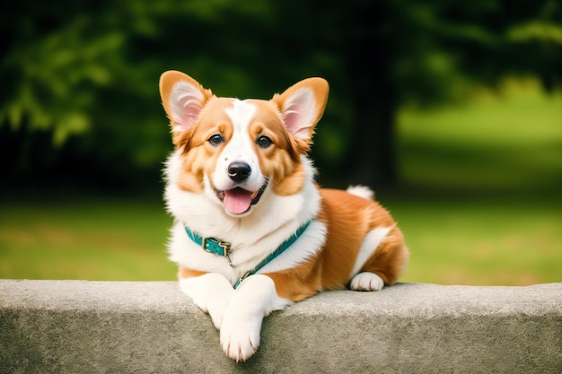 Un chien allongé sur un mur dans un parc