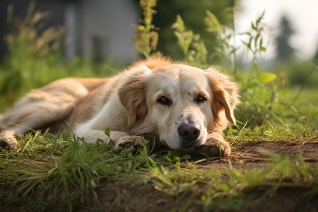 Un chien allongé sur le sol à la campagne