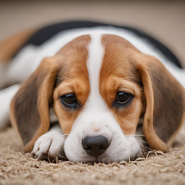 Photo un chien allongé sur un tapis avec une bande blanche sur son visage