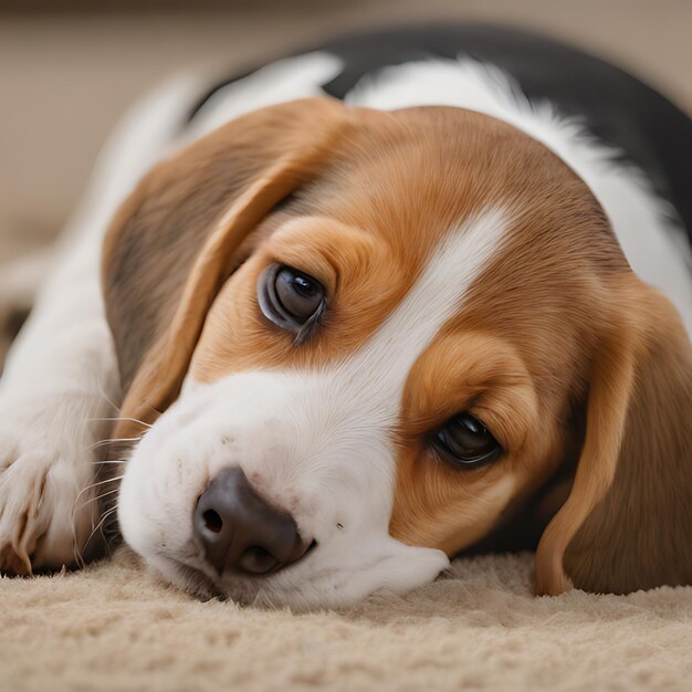 un chien allongé sur un tapis avec un collier noir dessus