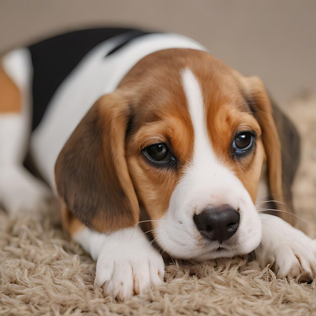 un chien allongé sur un tapis avec un collier noir dessus