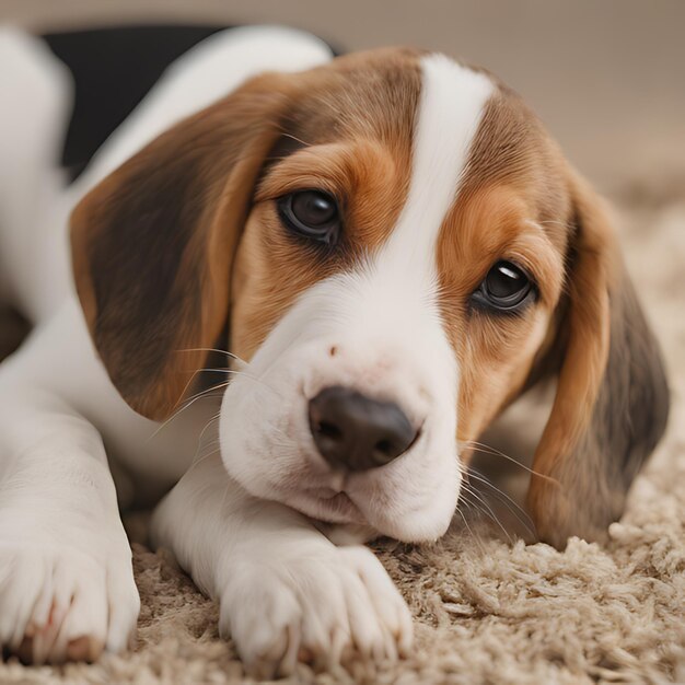 un chien allongé sur un tapis avec un visage noir et blanc