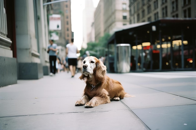 Un chien allongé sur le trottoir