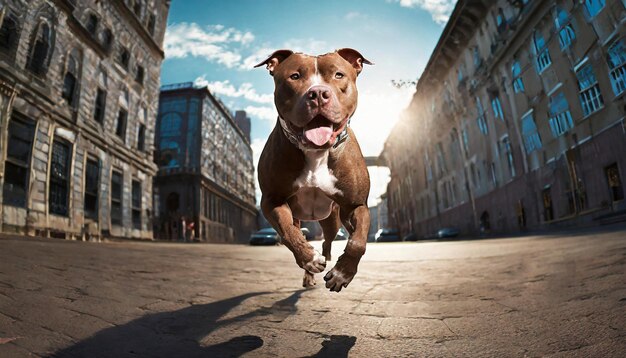 Un chien American Staffordshire Terrier qui court dans la ville au coucher du soleil