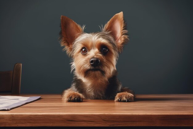 Chien amical regardant au-dessus d'une table