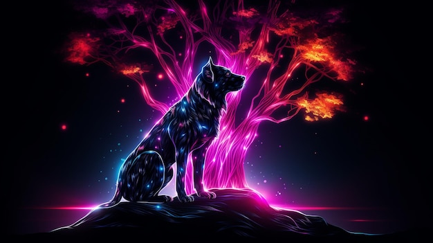 Chien Animal lumineux au néon debout dans l'arbre Image générée par AI