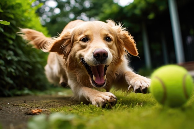 Un chien animé sprintant avec enthousiasme vers une balle de tennis allongée sur le sol Golden Retriever chien engagé dans le jeu avec une balle dans le jardin AI généré