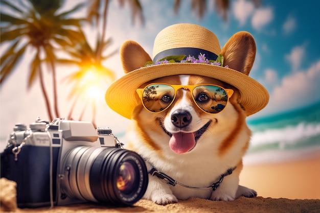 Chien avec un appareil photo sur la plage Créé avec la technologie générative Ai