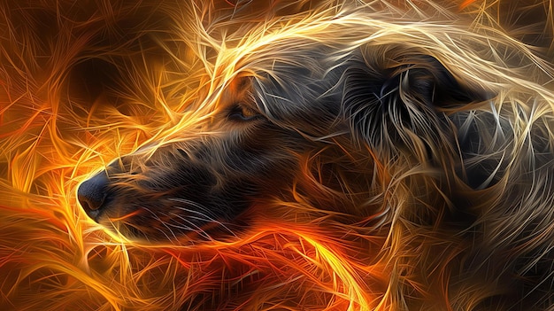 Un chien d'apparence majestueuse avec un pelage doré unique qui ressemble au feu Le chien regarde de côté avec une expression sérieuse sur son visage