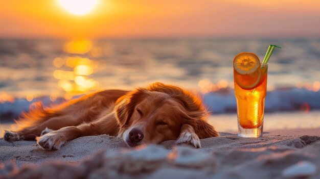 Photo un chien apprécie le coucher de soleil au bord de la mer avec un cocktail rafraîchissant