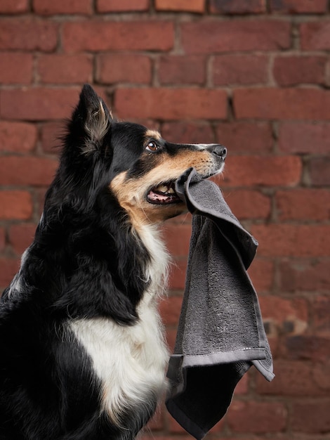 Chien après la douche Border collie dans une serviette jaune Pet wash