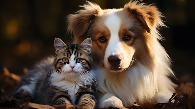 un chien arafé et un chat allongés sur le sol IA générative