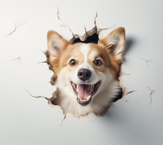 chien arafé regardant à travers un trou dans le mur avec un fond blanc ai génératif