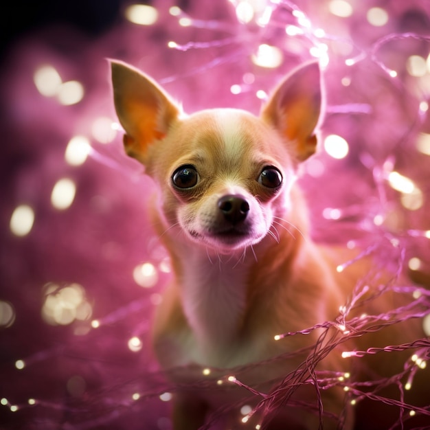 un chien araffe assis dans un lit de lumières avec un fond rose génératif ai