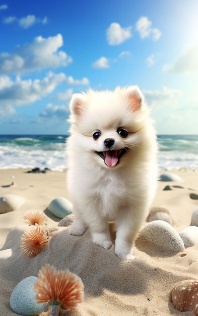 Chien Araffe debout sur une plage avec des rochers et des coquillages génératifs ai