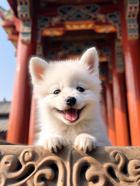 Photo un chien araffe avec un grand sourire sur un mur devant un bâtiment génératif ai