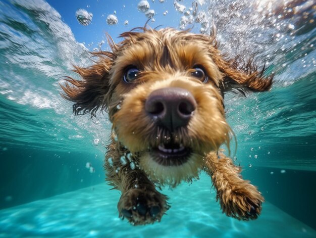 Chien Araffe nageant dans l'eau avec des bulles sortant de sa bouche ai générative