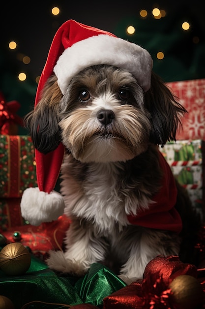 chien araffe portant un bonnet de noel assis à côté de cadeaux de noël ai générative