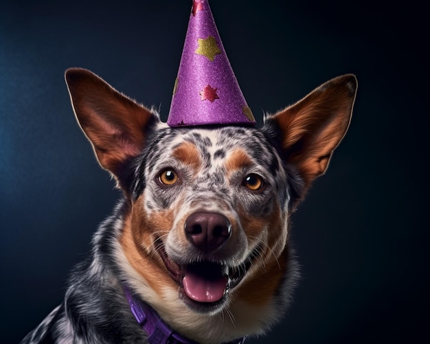 chien araffe portant un chapeau de fête avec un collier violet ai générative