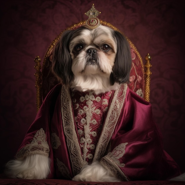 Chien Araffe vêtu d'une robe rouge et or assis sur une chaise rouge ai générative