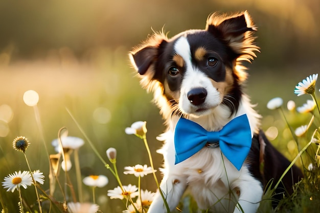 Un chien avec un arc bleu est assis dans un champ de fleurs.