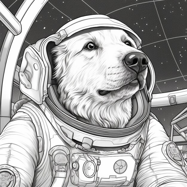 Un chien arrafé dans une combinaison spatiale dans une station spatiale