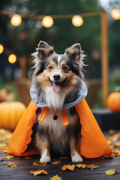 un chien arrafé portant une cape assis sur un pont avec des citrouilles génératives ai