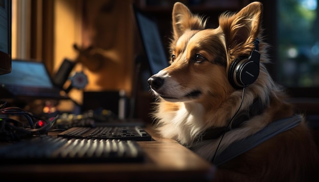 un chien arrafé portant des écouteurs assis devant un ordinateur
