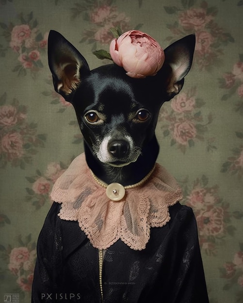 Photo un chien arrafé portant une robe et une fleur sur sa tête