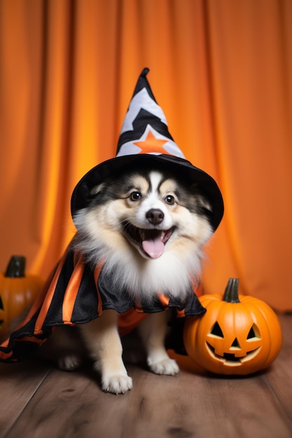 Un chien arrafé vêtu d'un costume de sorcière avec une citrouille générative ai