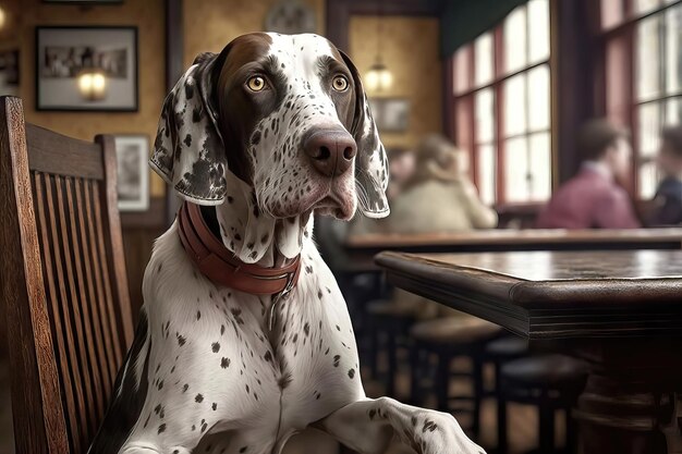 Chien d'arrêt anglais généré par l'IA dans un restaurant adapté aux chiens