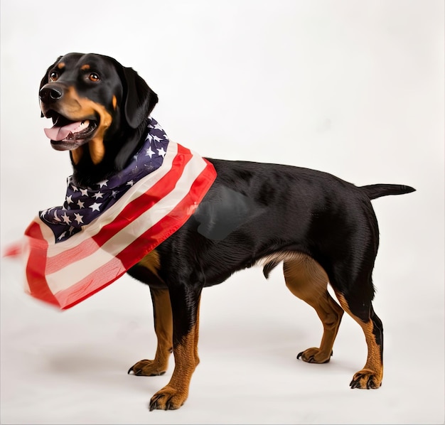 Photo chien en arrière-plan du drapeau américain chien fier devant le drapeau américain le jour de l'indépendance le concept du jour du drapeau américain aux états-unis d'amérique