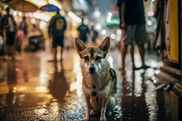 Chien assis au milieu de la rue la nuit Generative AI