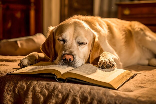 Photo un chien assis à côté d'une personne qui lit un livre
