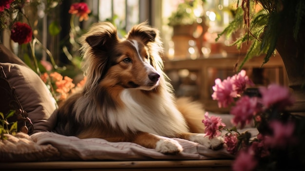 Un chien assis dans un champ de fleurs