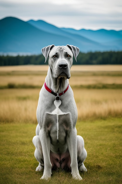 Un chien assis dans un champ avec le titre'grand danois '