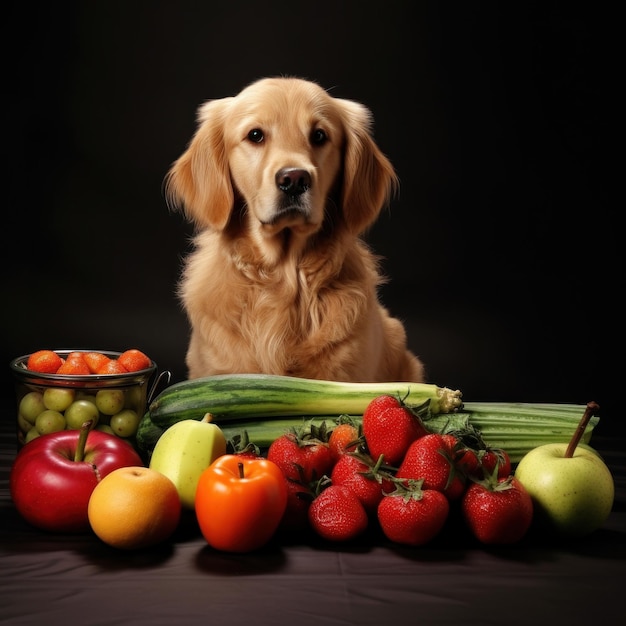 un chien assis dans une corbeille de fruits