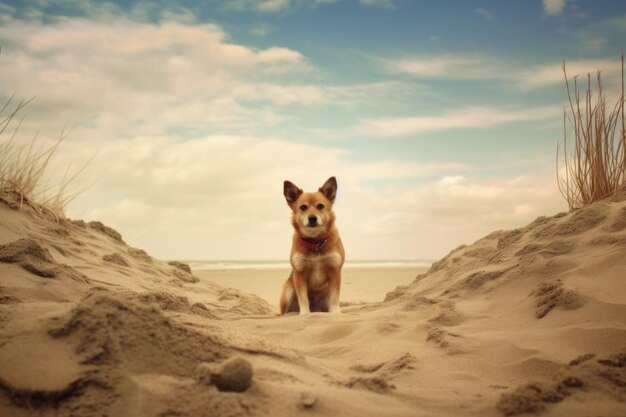 Photo un chien assis dans les dunes généré par l'ia