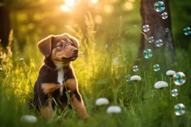 un chien assis dans l'herbe avec des bulles dans l'air